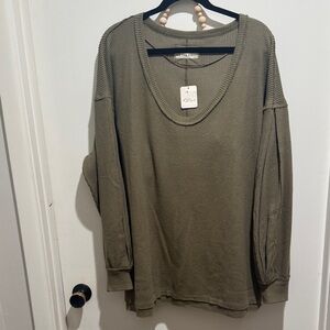 Free People Olive Waffle Knit Sweatshirt